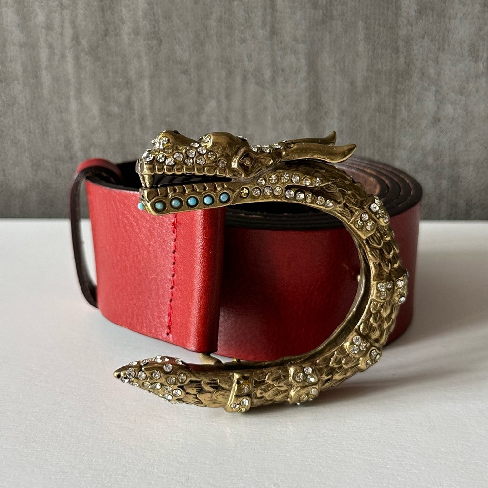 Rare Vintage Roberto Cavalli Red Leather Belt Crystal Turquoise Dragon Large 38